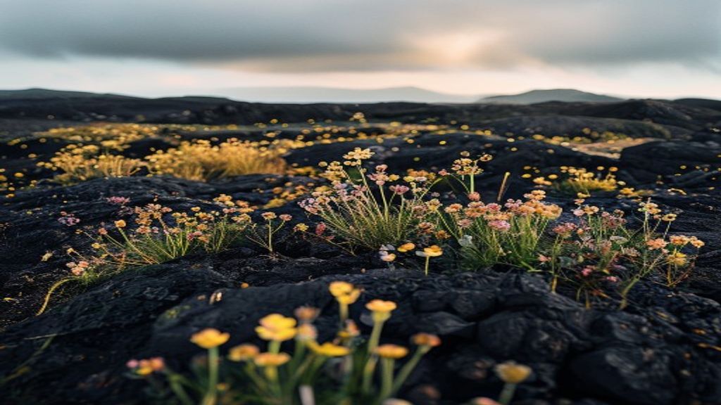Flores en roca volcánica